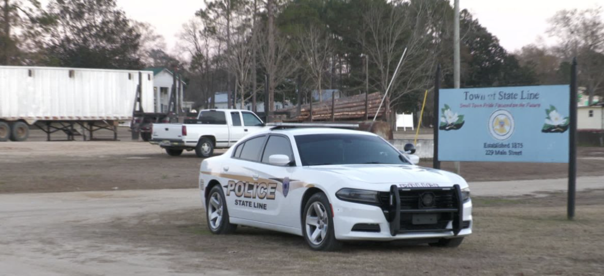 A State Line police cruiser parked outside of the State Line police department.